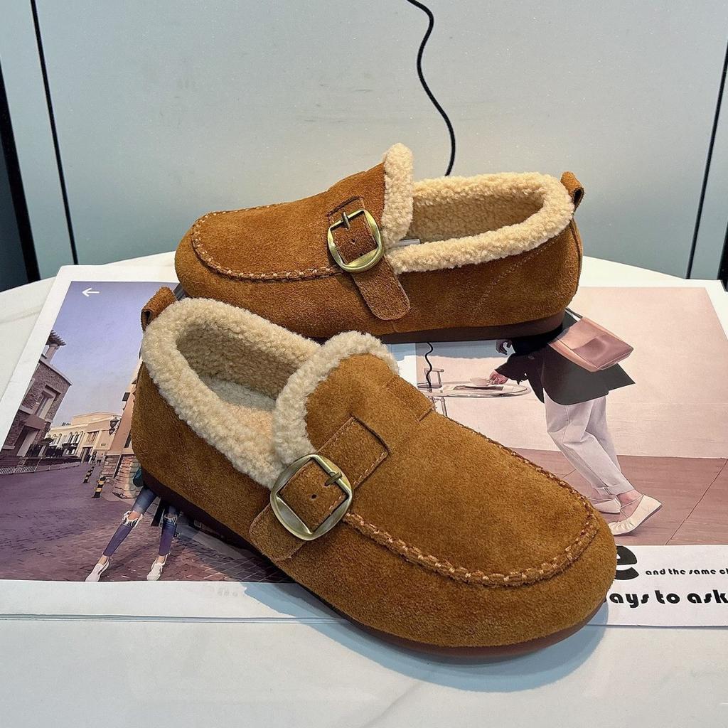 Кожаный вельвет Birkenstocks женские 2025 осень и зима новые ретро слипоны из овечьей шерсти теплые бобы хлопковые туфли для улицы