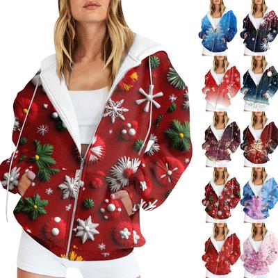 Женская мода повседневная рождественская принтовая толстовка зимняя с длинным рукавом кардиган куртка с карманом на молнии толстовка с капюшоном куртка