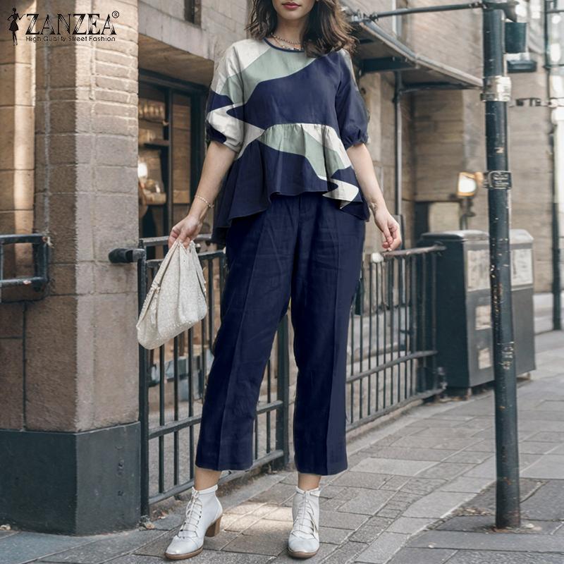 ZANZEA Женский винтажный круглый вырез с коротким рукавом и принтом, топ и брюки