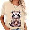 Summer Round Neck 3D Raccoon Pattern Print Top Fashionable Casual Short Sleeved Women's T-shirts