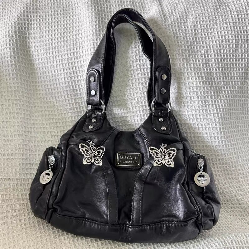Retro Butterfly Black Handbag Women Subculture Leather Shoulder Messenger Bags Y2k Ladies Vintage Underarm Bag