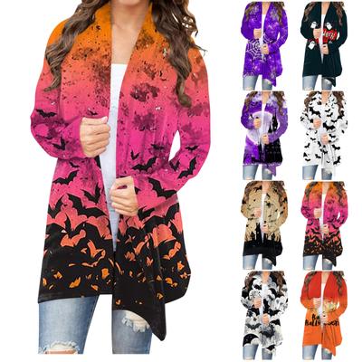 Женская мода, повседневный кардиган с цветочным принтом на Хэллоуин, куртка средней длины, пальто