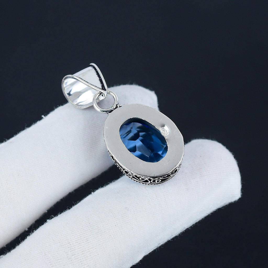 London Blue Topaz Gemstone Silver Pendant In 925 Sterling Silver - Handmade Oval Design, Everyday Wear Jewelry Mother' Day Gift