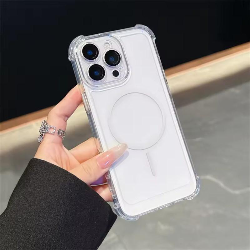 Роскошный Противоударный Прозрачный Чехол-бампер с Подушками Безопасности для MagSafe для iPhone 11 12 13 14 15 16 Pro Max Plus с Магнитной Беспроводной Зарядкой