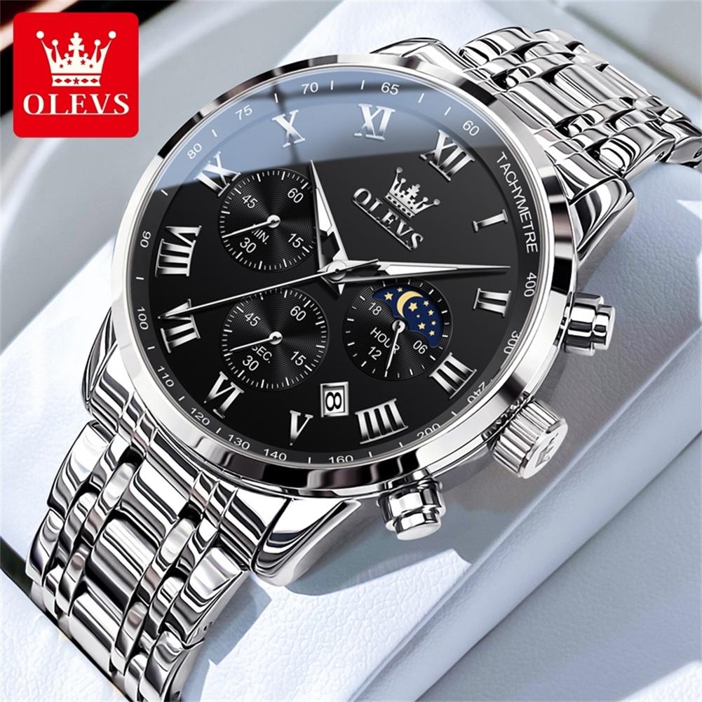 OLEVS Men's Watches Sport Fashion Fine Steel Original Brand Quartz Wristwatch for Man Roman Scale Waterproof Moon Phase Date New