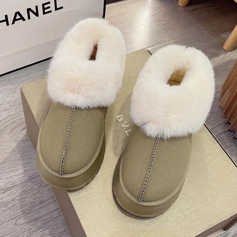 Fashion Winter Warm Thicken Plush Chunky Platform Cotton Slippers Women Flat Heels Fur Slippers Woman New Faux Suede Fluffy Shoes 1308