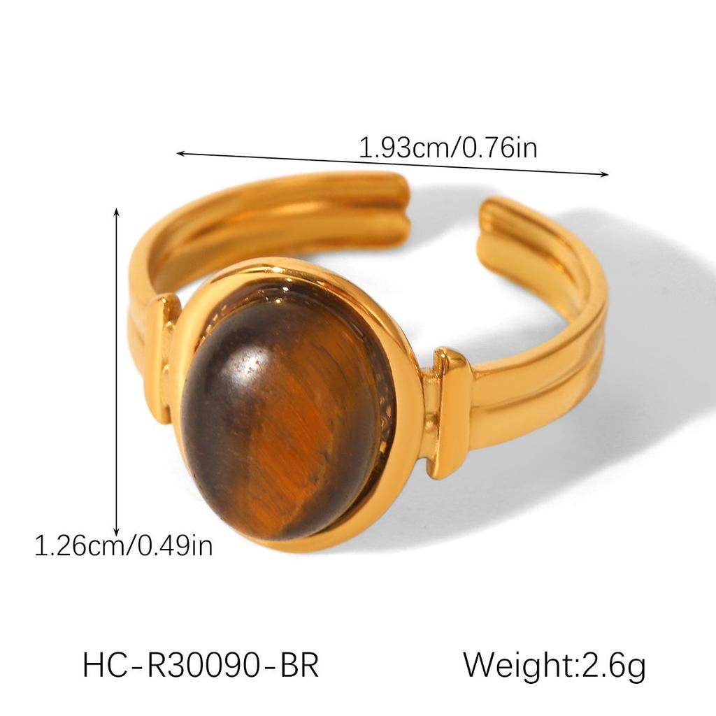 Women's Colorfast Retro Stainless Steel Ring with Natural Stone, Open & Versatile Titanium Steel Design