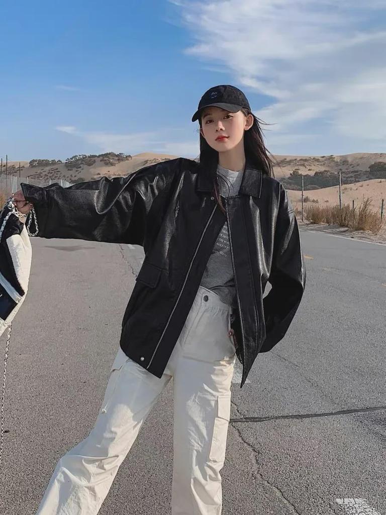 2024 Women's Retro Brown Short Leather Jacket – Korean Style, Loose Fit, Perfect for Spring and Autumn, Stylish Motorcycle Design