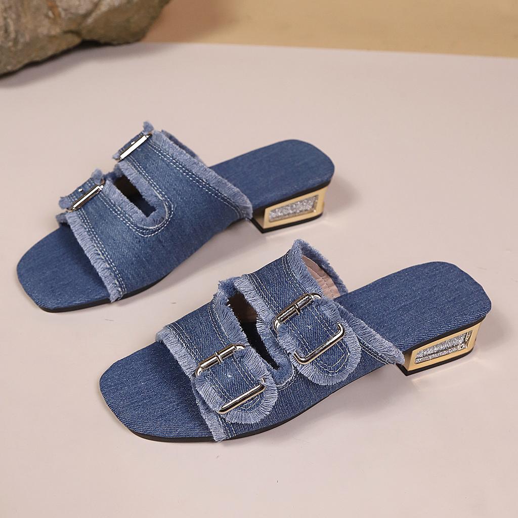 Летние джинсовые шлепанцы Бохо Женские На ремешке с бахромой Удобные сандалии Женские Шлепанцы для пляжа и прогулок Повседневные Рабочие Вечеринки Шлепанцы