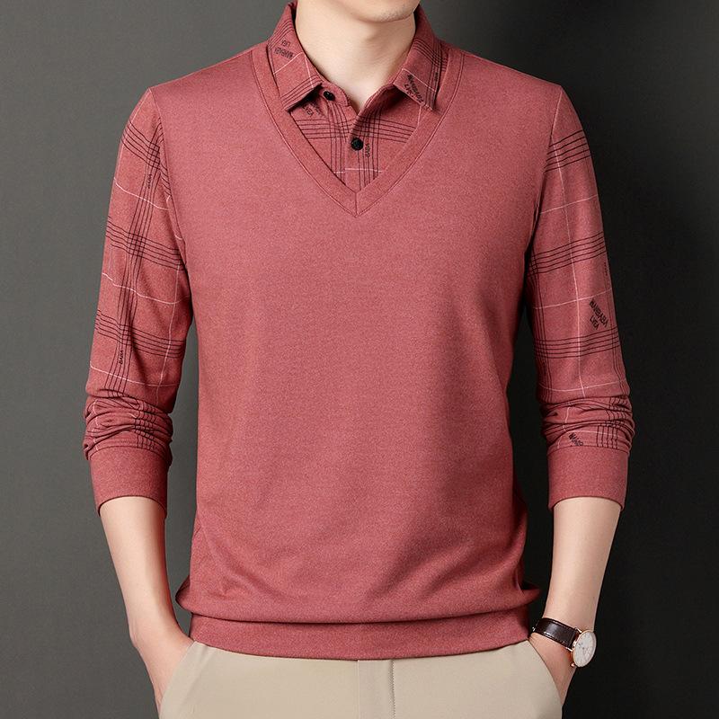 Spring and Autumn Men's Long-Sleeved Fake Two-Piece T-shirt Middle-Aged Lapel Casual Plaid Polo Shirt Top