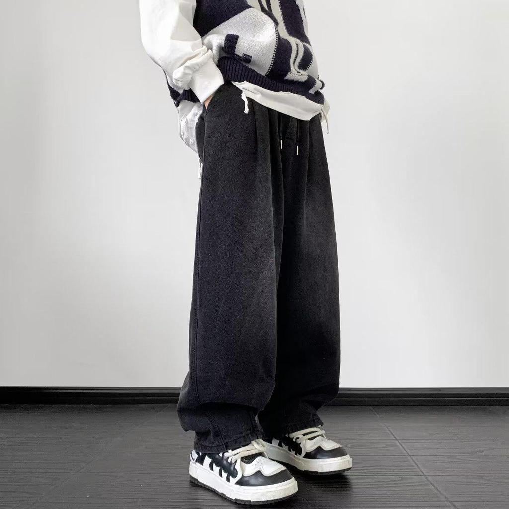 Мужские джинсы American Retro с завязками на резинке: Модные, свободные, широкие штанины, эластичный пояс, повседневные брюки в стиле High Street