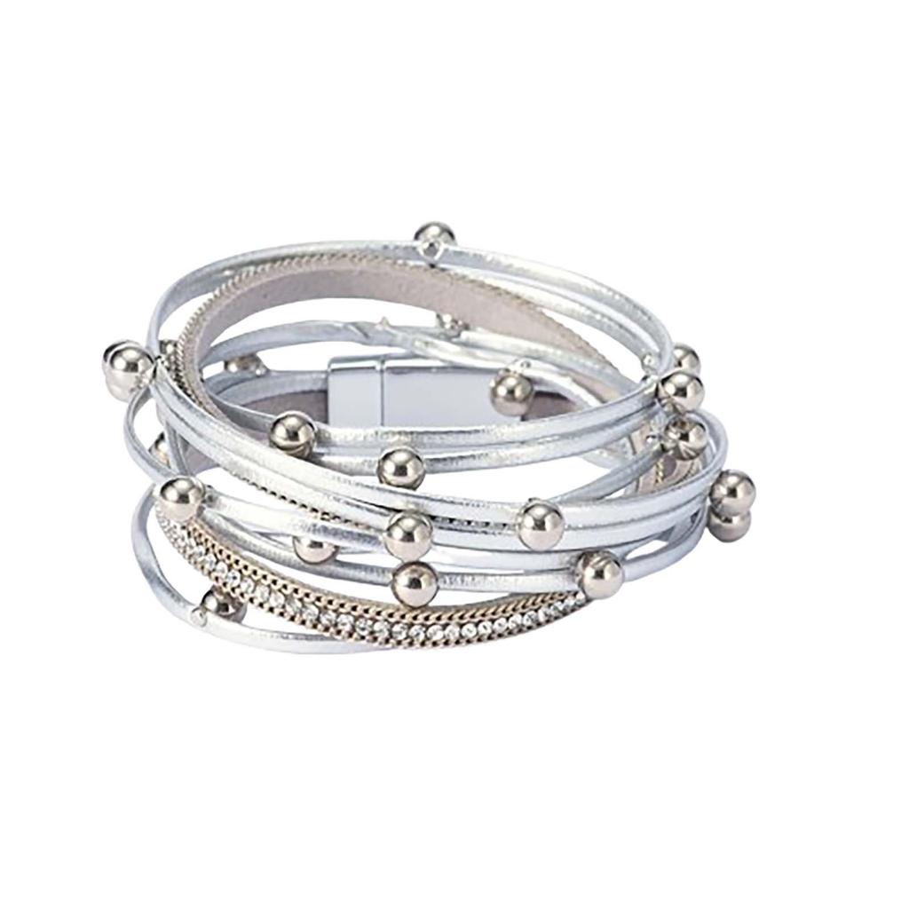 Двухкруговой кожаный браслет с бусинами, многослойный кожаный браслет, модный женский браслет с магнитной застежкой и бриллиантами, ювелирные изделия