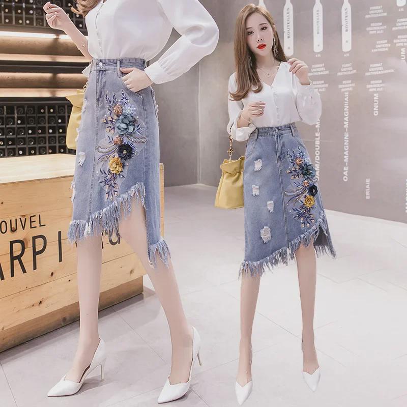 Весна/Лето 2024 Женская джинсовая юбка средней длины с 3D-цветочными кисточками