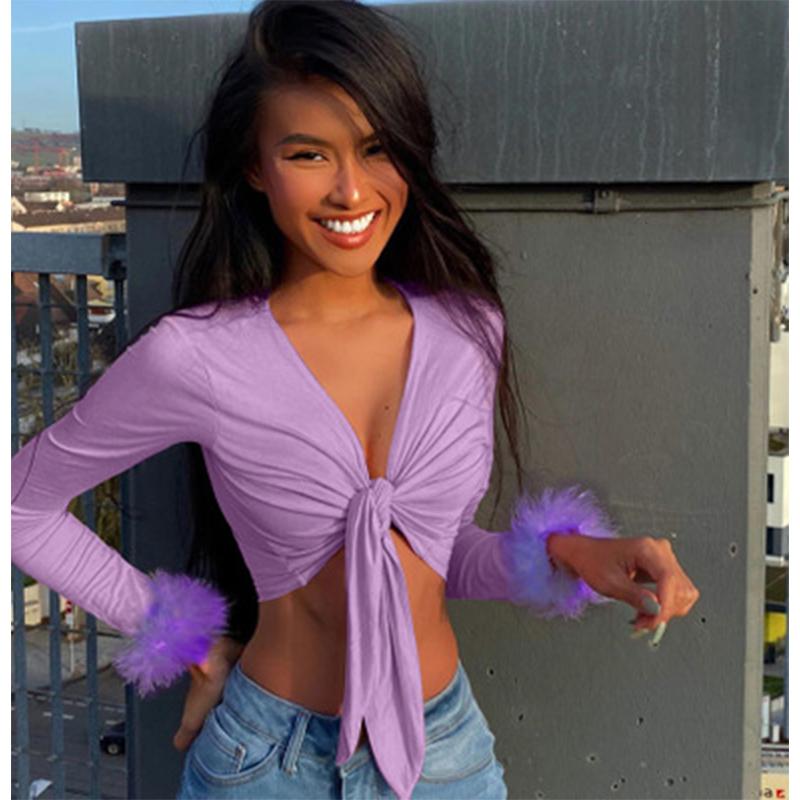 Long Sleeve Fur V-neck Wrapped Bandage Sexy Crop Tops Autumn Winter Women Streetwear Club Party Outfits T-shirts