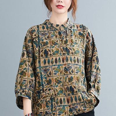 Женская хлопковая льняная литературная ретро-блузка с круглым вырезом и принтом