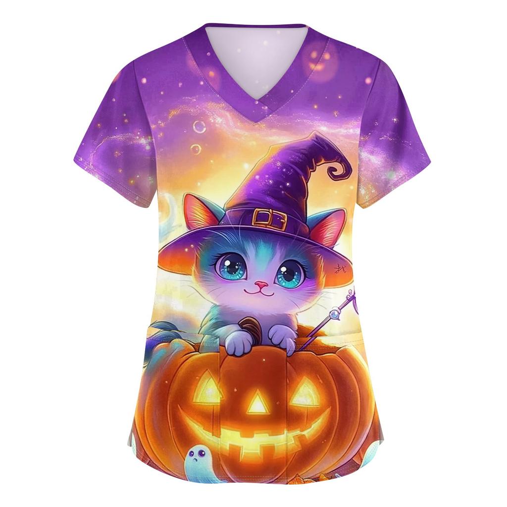 Женский топ защитного костюма с V-образным вырезом, с короткими рукавами, с принтом на Хэллоуин, с карманом и боковыми разрезами