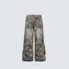 Washed Distressed Denim Cargo Pants With Star Print Loose Wide Leg Straight Fit Unisex Jeans Daily Wear