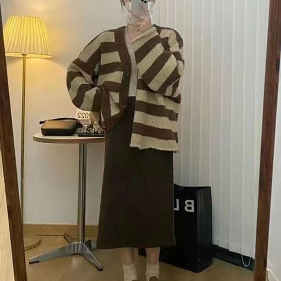 Полосатый свитер с v-образным вырезом, кардиган, женское пальто 2023, осень/зима, корейский вязаный кардиган, топ, академический милый свободный женский свитер
