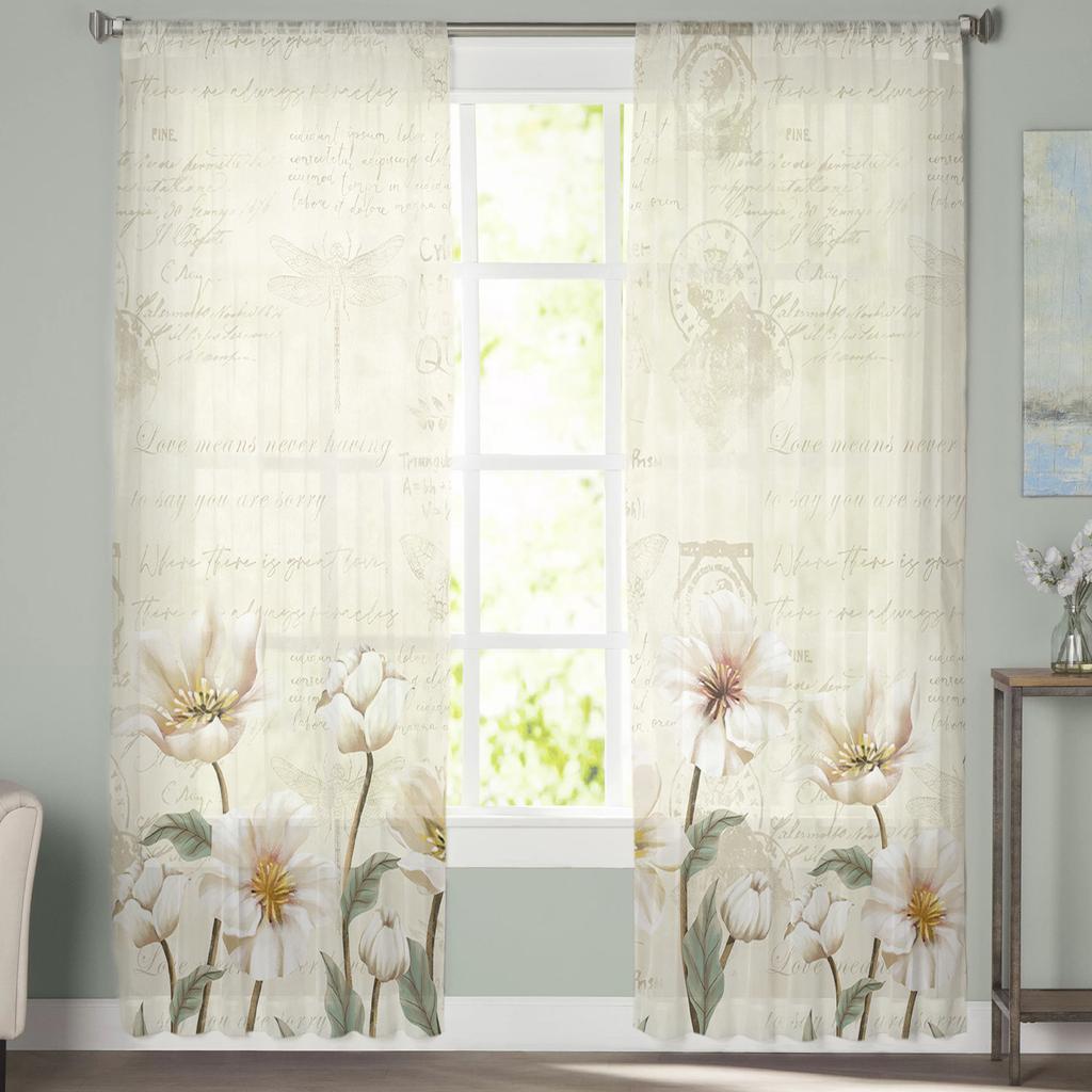Rustic Vintage Tulips Flowers Sheer Voile Window Curtains Tulle Curtains Living Room Balcony Decoration Drapes