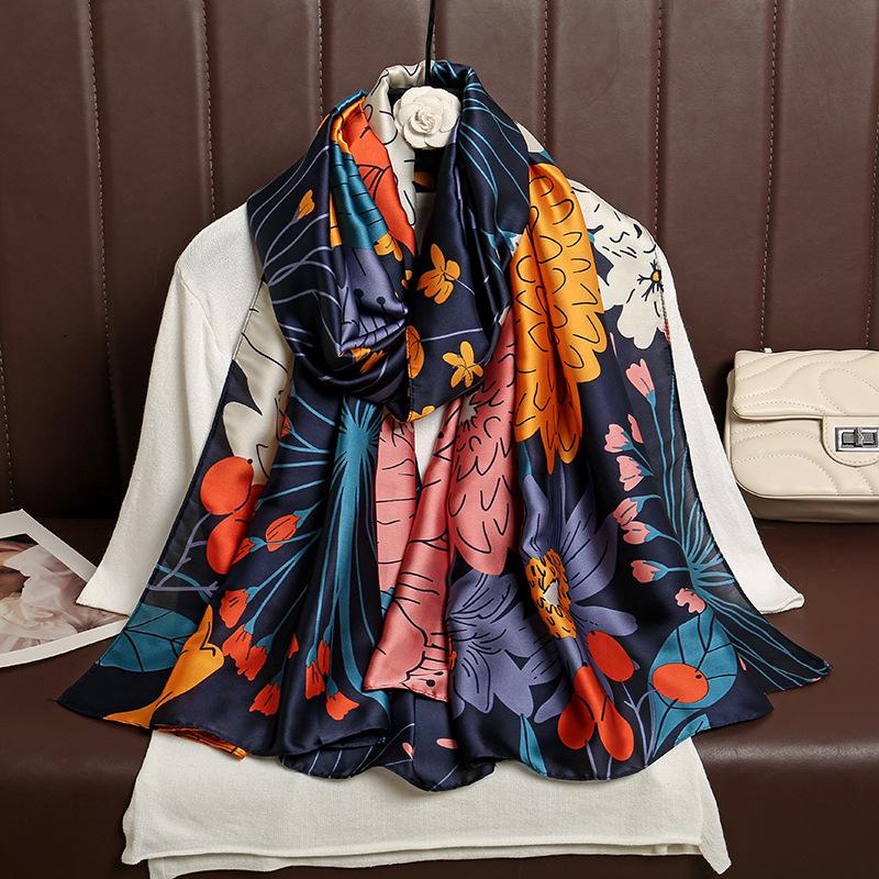 Модный длинный шелковый шарф из атласа лицин с принтом диких растений и цветов, весенне-летняя шаль для отдыха на берегу моря