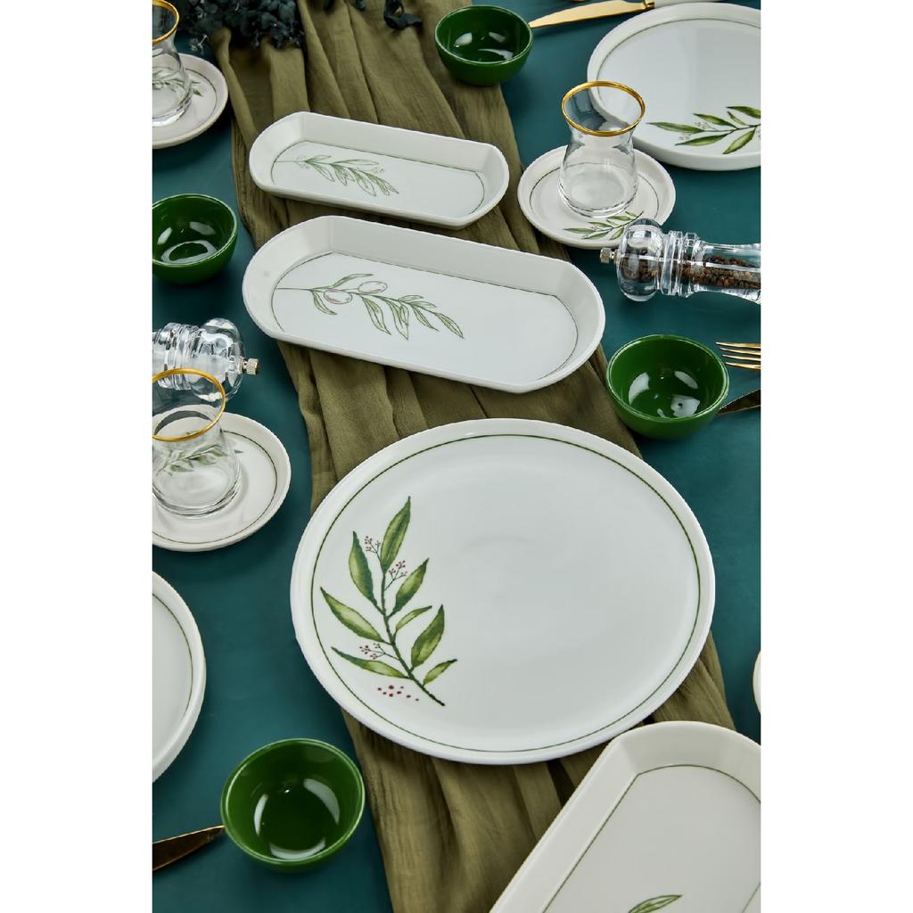 Botanical Green Camellia Leaf Patterned Luxury Ceramic 14 Piece Breakfast Set For 6 Persons