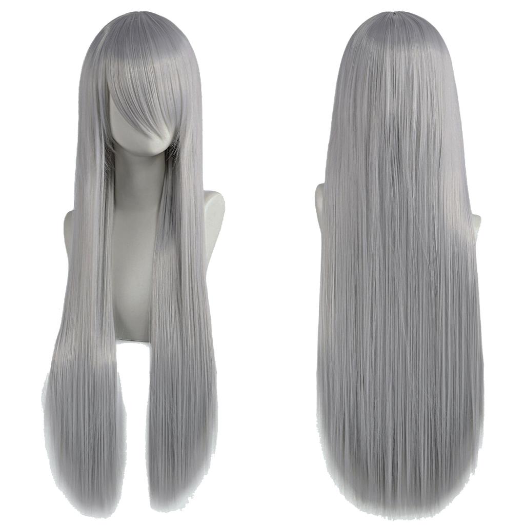 80cm Long Synthetic White Purple Cosplay Wigs Green Hair Straight Silver Wig Pink Hairpiece Lolita Wig with Bangs
