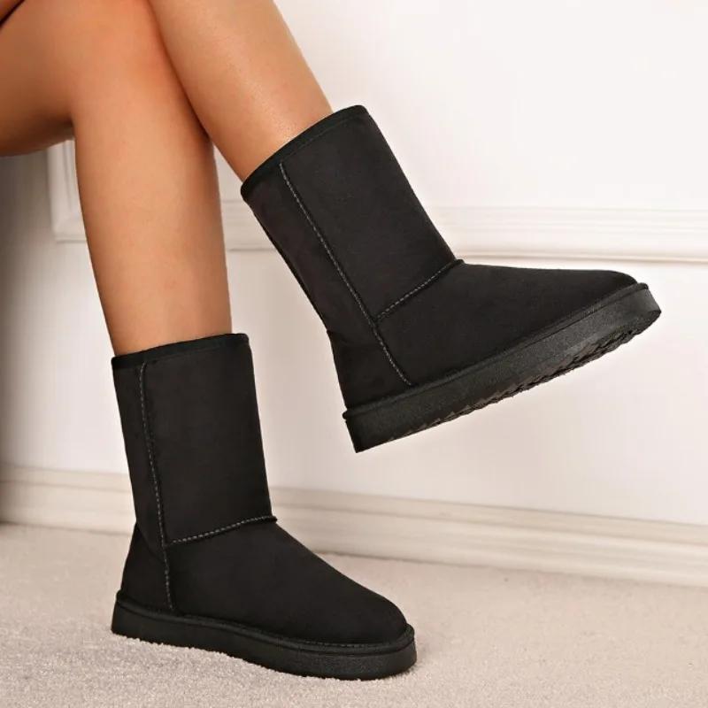 Зимние классические женские зимние сапоги из замши 2024 года, новые женские плюшевые теплые повседневные женские сапоги на толстой подошве до середины голени
