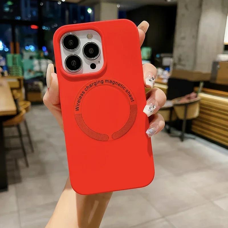 Чехол из жидкого силикона для Apple iPhone 17 16 15 14 13 12 Pro Max Plus Air Magsafe Магнитная беспроводная зарядка funda