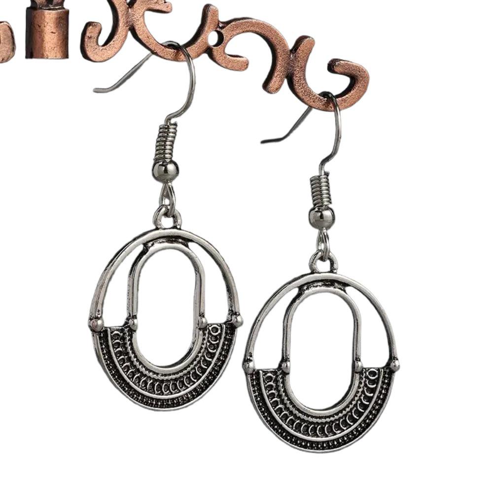 Youmu Vintage Geometric Antique Silver Hollow Earrings - European & American Style