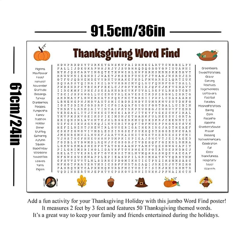 Giant Thanksgiving Word Search Poster 36"x24" Wall Game Giant Thanksgiving Poster For Christmas Word Scavenger Puzzle Decor
