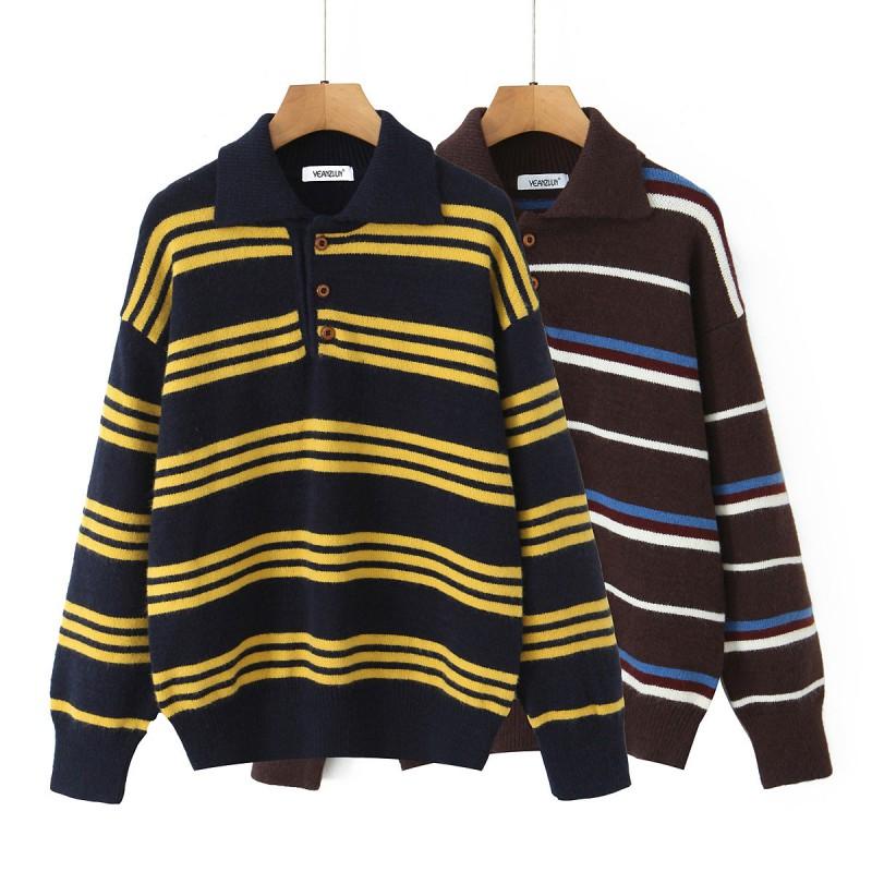Oversized Polo Collar Knit Sweater With Retro Striped Colorblock Design Loose Fit Long Sleeve Fall Top
