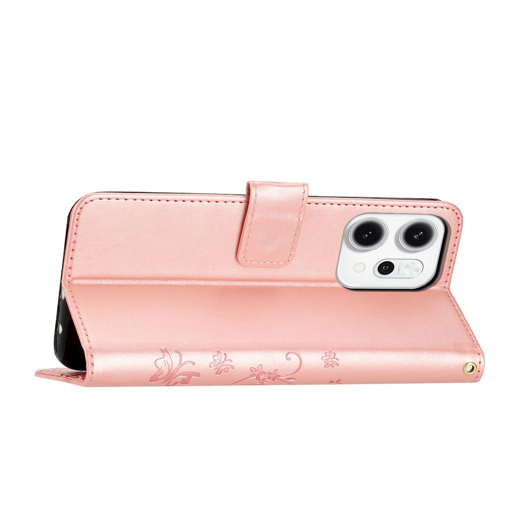 For Oppo Reno14 Pro 5G (Global)/Reno13 Pro 5G Leather Wallet Case Butterfly Flower Imprint Phone Cover with Strap