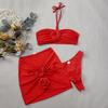 3Pcs/Set Women Summer Bikini Set 3D Rose Flower Decor Halter Bandeau Pleated