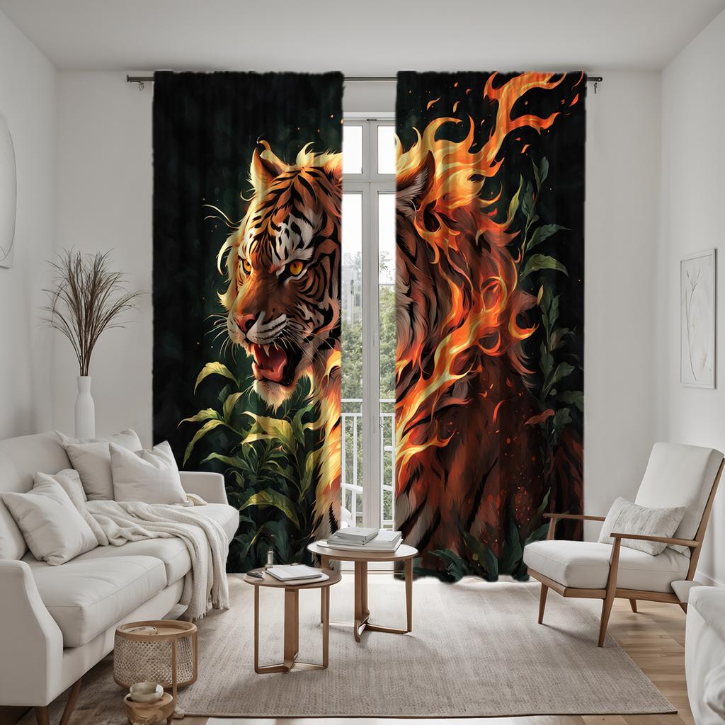 2-PCS HD Digital Black Color Dominating Tiger Curtains Home Decorating Style Decoration Living Room Bedroom Through Rod Curtai