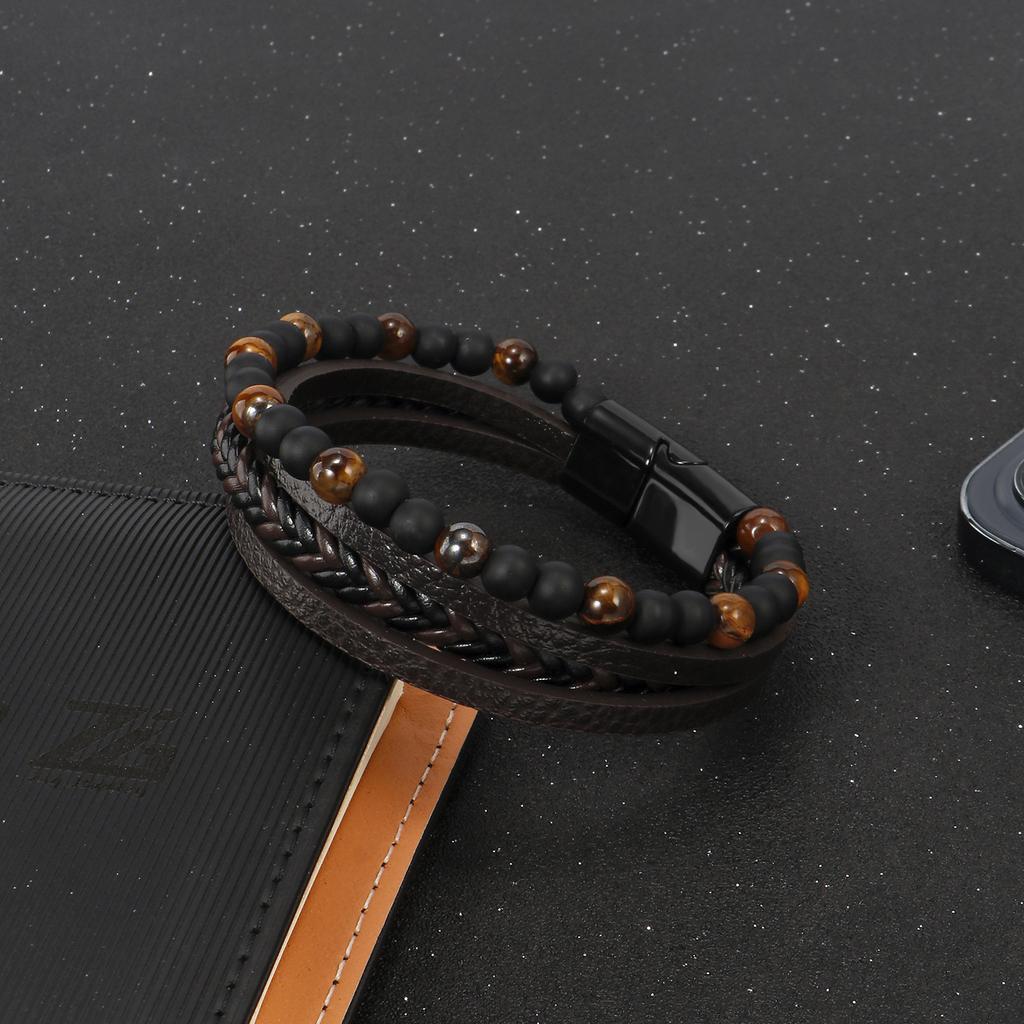Natural Tiger Eye Stone Beaded Men's Bracelet Handmade Braided Multi-Layer Leather Bangle Fashion Jewelry