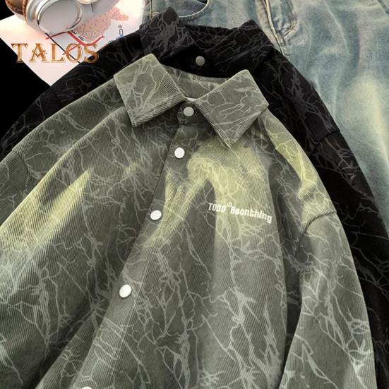 Весна Осень Мужская Рубашка Ретро Американский Стиль Вельвет Вышивка Японский Стиль Свободный Однобортный Топ Длинные Рукава Средней Длины С Отворотом