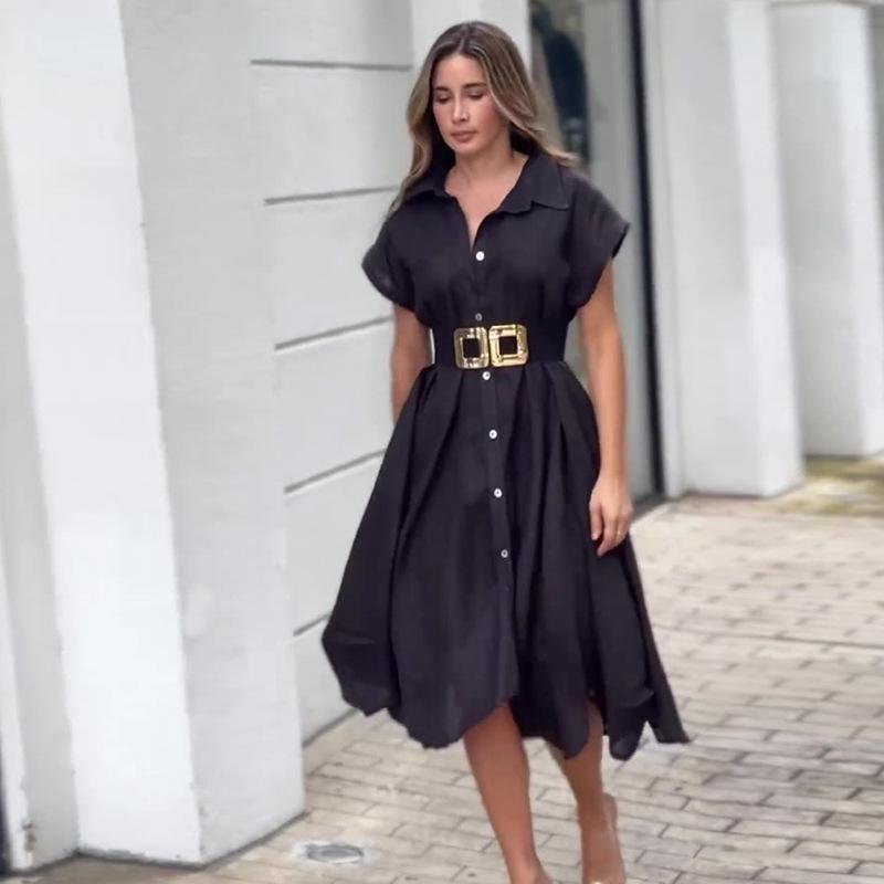 Летнее женское повседневное однотонное платье-рубашка на одной пуговице