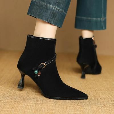 Темпераментные ботильоны Зимние с острым носком из замши Простые рукава Нескользящие ботинки на шпильке для женщин