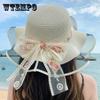 Women's Summer Sun Hat with Floral Ribbon, Lace UV Protection Wide Brim Beach Straw Hat for Outdoor Use