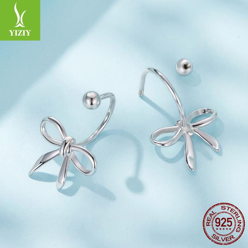 Bow Plain Silver Stud Earrings Women'S Simple Classic Design S925 Sterling Silver Threaded Stud Earrings