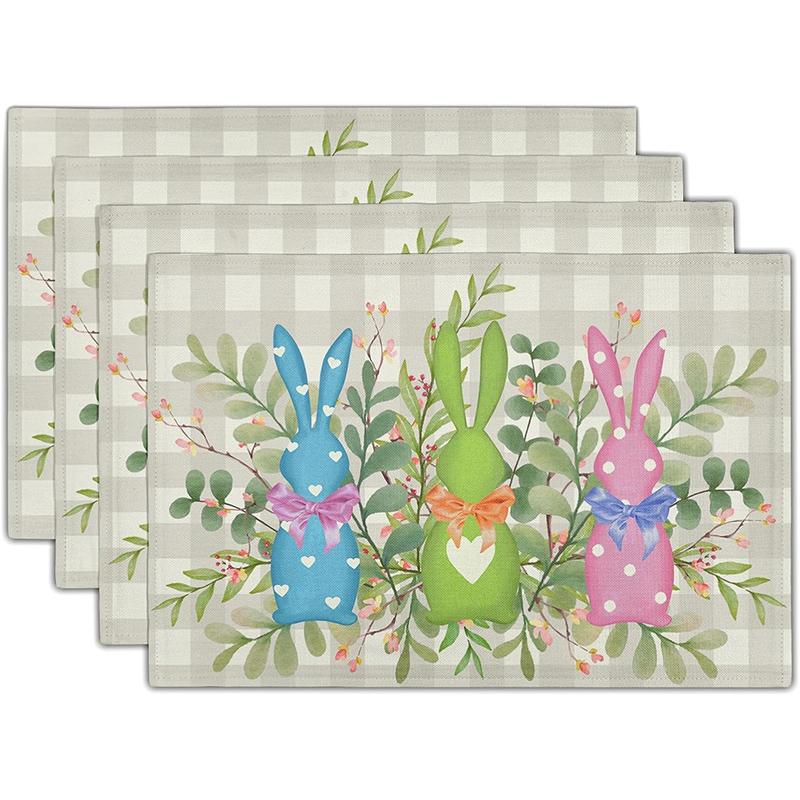 Cute Bunny Placemats Spring Floral Table Decor Dinner Mat Non-Slip Heat Resistant Tableware Pad for Kids Room Tea Party Decor