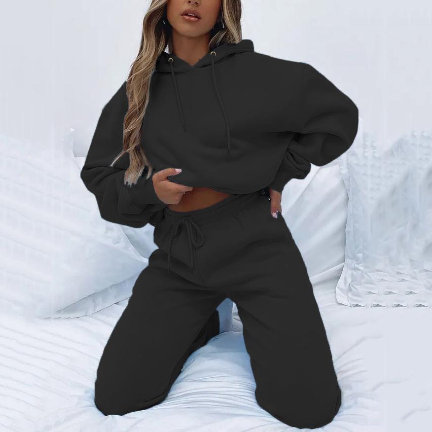 Women's Solid Color Hooded Pullover Sweatshirt Set with Long Pants Casual Pockets Spring Fall