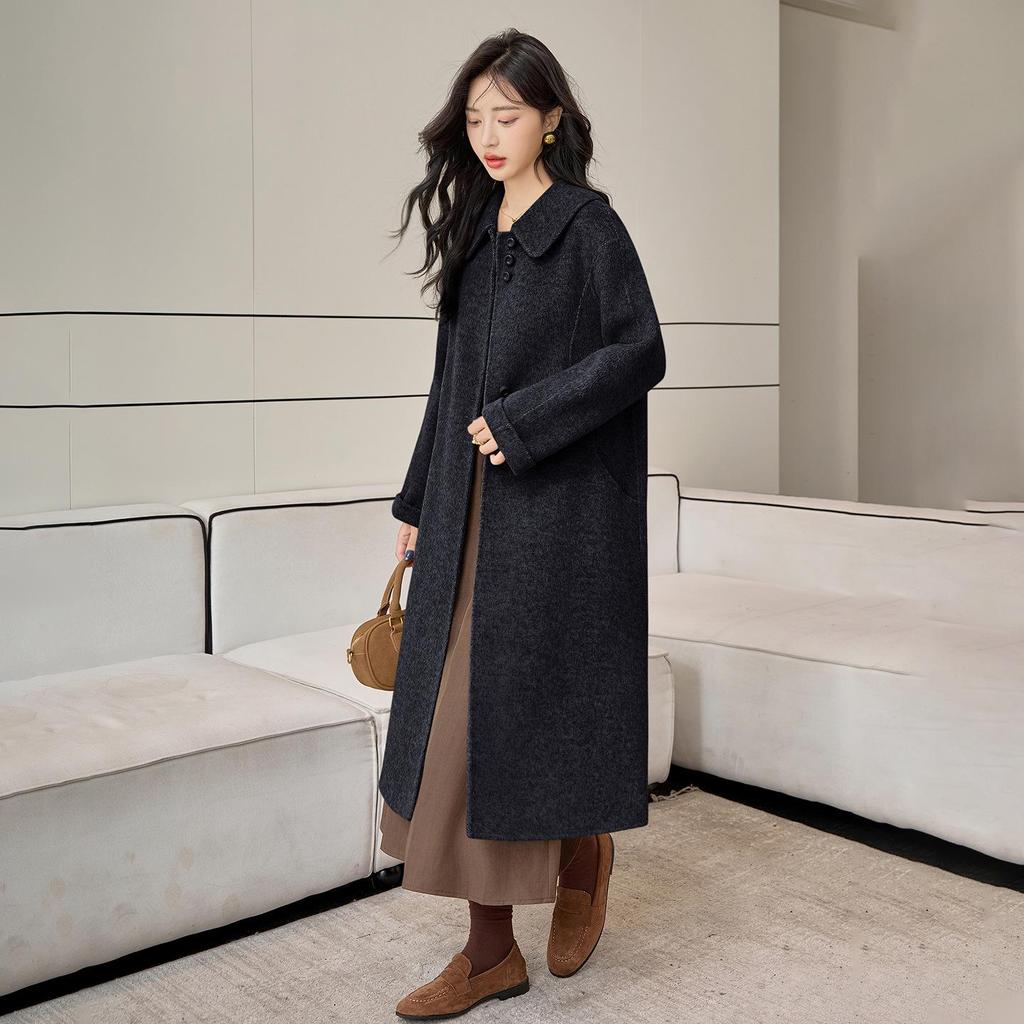 Корейское А-силуэтное кашемировое шерстяное пальто с кукольным воротником на осень/зиму 2025 - Свободное, Мода больших размеров.