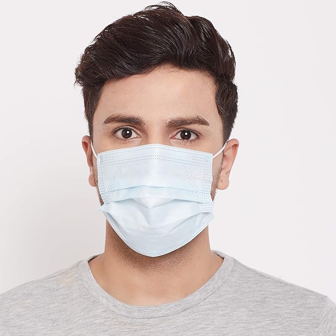 Romsons Пластиковая Одноразовая 3-слойная Маска с Эластичными Ушными Петлями (Синий, Упаковка 50 штук, Без клапана) для Унисекс.