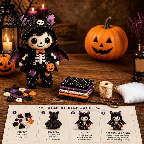 Halloween Sewing Project Skeleton Witch Patchwork Kit Gothic Girl Doll DIY Step-by-step Tutorial Kit for Adults Teens Handmade Gift Beginners