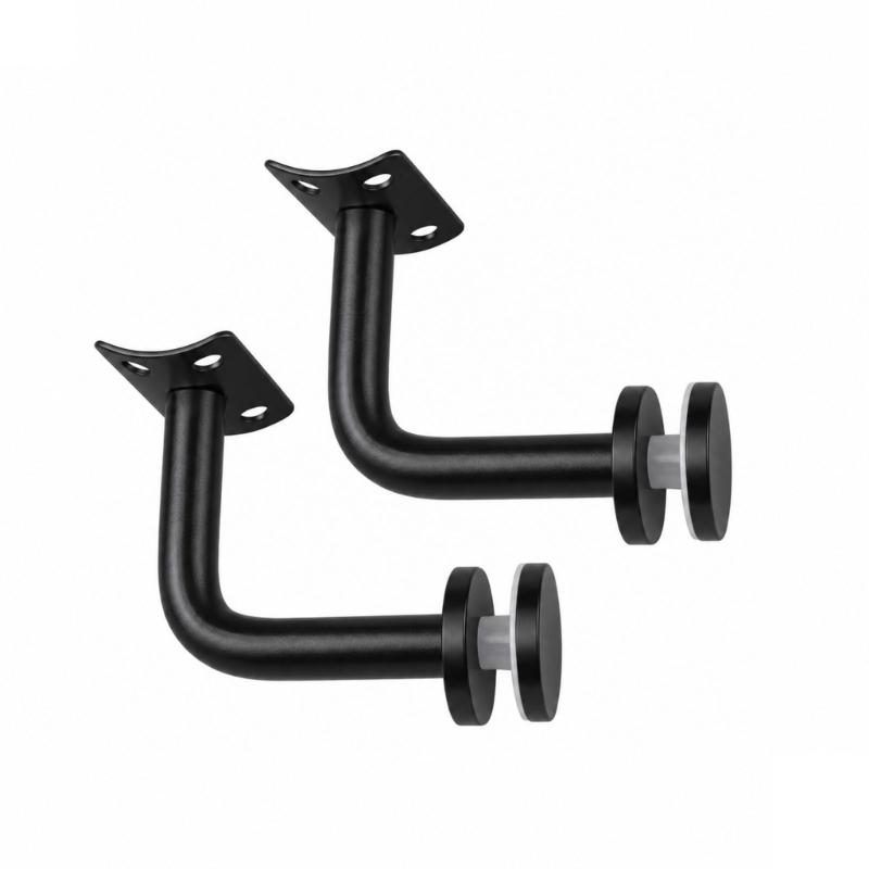 2-Piece Glass Support Hardware Set for Stair Rail, Featuring a Black Finish and Fixed-Plate Form for Mounting Tasks