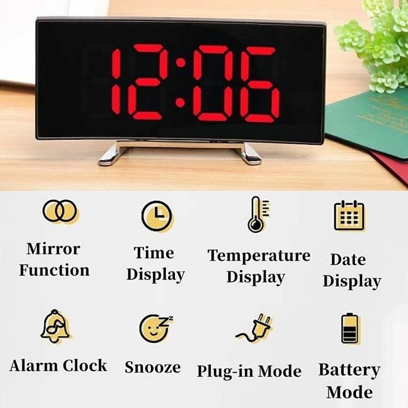 Зеркальный цифровой будильник с температурой и датой, 2 уровня регулировки яркости, повтор сигнала, настольные часы, ночной режим 12/24 часа, светодиодные часы