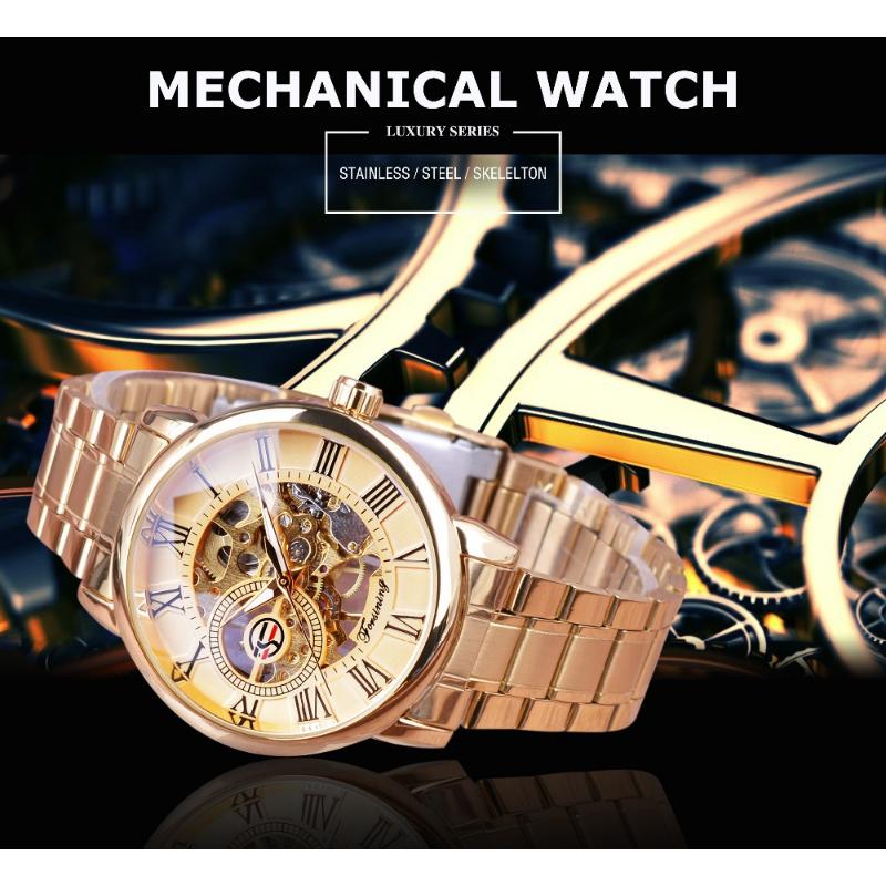 Forsining Часы Мужские модные повседневные золотые часы со стальным ремешком скелетонизированные механические часы