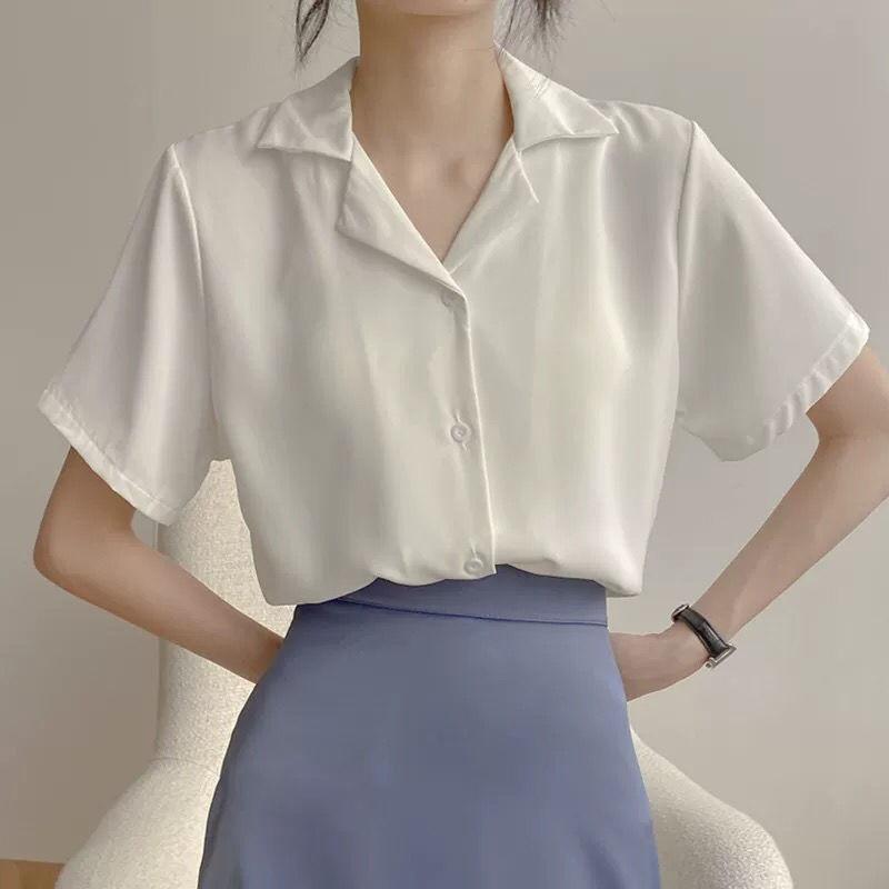 Office Lady Retro Korean Style Lapel Solid Short Sleeve Casual Shirt