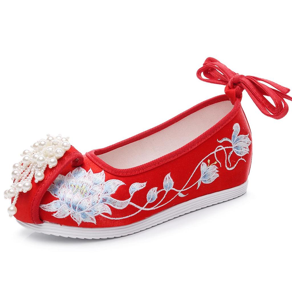 [Manzhu] 2023 New Red Beaded Xiuhe Hanfu Shoes with Velvet-Lined Round Toes for Weddings